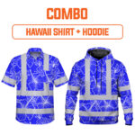 Combo Hi Vis Hawaiian Shirts + Hoodie Reflective Tapes Blue Neon Flowers Custom Name Safety Workwear For Workers, Truckers, Operators