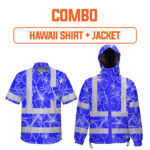 Combo Hi Vis Hawaiian Shirts + Jacket Reflective Tapes Blue Neon Flowers Custom Name Safety Workwear For Workers, Truckers, Operators