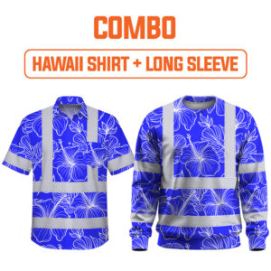 Combo Hi Vis Hawaiian Shirts Reflective Tapes Blue Neon Flowers Custom Name Safety Workwear For Workers, Truckers, Operators