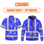 Combo Hi Vis Hawaiian Shirts +Zip Hoodie Reflective Tapes Blue Neon Flowers Custom Name Safety Workwear For Workers, Truckers, Operators