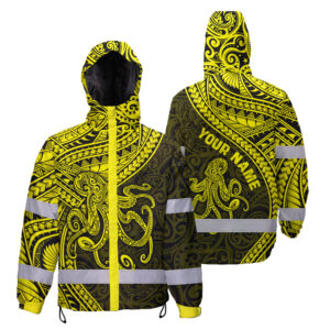 Hi Vis Jacket Waterproof Reflective Tapes Yellow Neon Hawaii Octopus Custom Name Safety Workwear For Workers, Truckers, Operators