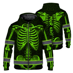 Hi Vis Zip Hoodie Reflective Tapes Green Neon Bone Skull Custom Name Safety Workwear For Workers, Runners, Cyclists