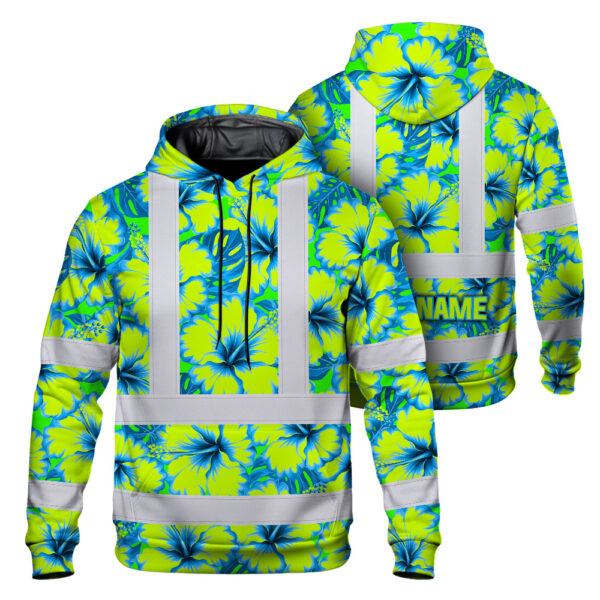 Hi-Vis-Hoodie-Reflective-Tapes-Blue-Neon-And-Green-Flowers-Custom-Name-Safety-Workwear-For-Workers,-Truckers,-Operators-1