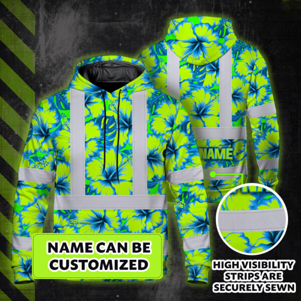 Hi-Vis-Hoodie-Reflective-Tapes-Blue-Neon-And-Green-Flowers-Custom-Name-Safety-Workwear-For-Workers,-Truckers,-Operators-2