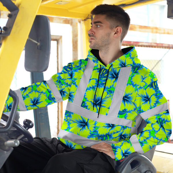 Hi-Vis-Hoodie-Reflective-Tapes-Blue-Neon-And-Green-Flowers-Custom-Name-Safety-Workwear-For-Workers,-Truckers,-Operators-3