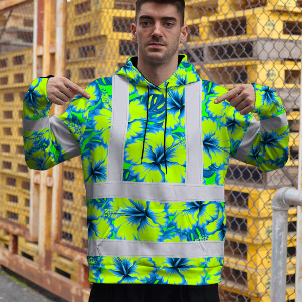 Hi-Vis-Hoodie-Reflective-Tapes-Blue-Neon-And-Green-Flowers-Custom-Name-Safety-Workwear-For-Workers,-Truckers,-Operators-4
