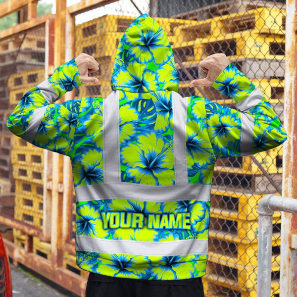 Hi-Vis-Hoodie-Reflective-Tapes-Blue-Neon-And-Green-Flowers-Custom-Name-Safety-Workwear-For-Workers,-Truckers,-Operators-5