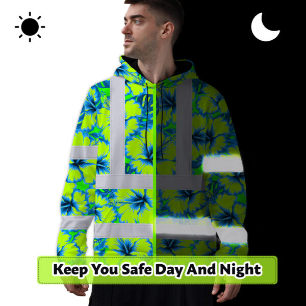 Hi-Vis-Hoodie-Reflective-Tapes-Blue-Neon-And-Green-Flowers-Custom-Name-Safety-Workwear-For-Workers,-Truckers,-Operators-7