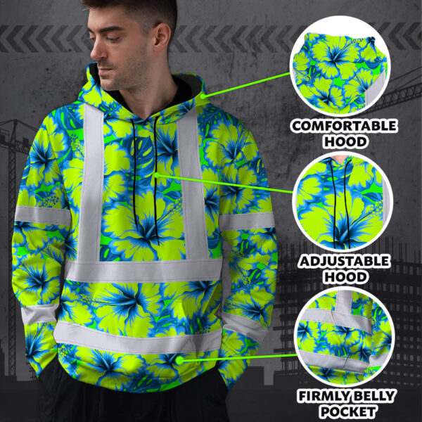 Hi-Vis-Hoodie-Reflective-Tapes-Blue-Neon-And-Green-Flowers-Custom-Name-Safety-Workwear-For-Workers,-Truckers,-Operators-8