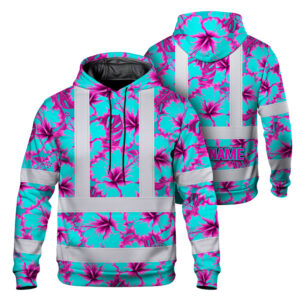 Hi Vis Hoodie Reflective Tapes Blue Neon And Pink Flowers Custom Name Safety Workwear For Workers, Truckers, Operators