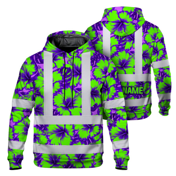 Hi-Vis-Hoodie-Reflective-Tapes-Green-Neon-And-Violet-Flowers-Custom-Name-Safety-Workwear-For-Workers,-Truckers,-Operators-1