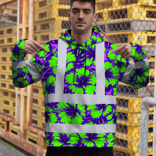 Hi-Vis-Hoodie-Reflective-Tapes-Green-Neon-And-Violet-Flowers-Custom-Name-Safety-Workwear-For-Workers,-Truckers,-Operators-4