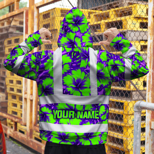 Hi-Vis-Hoodie-Reflective-Tapes-Green-Neon-And-Violet-Flowers-Custom-Name-Safety-Workwear-For-Workers,-Truckers,-Operators-5