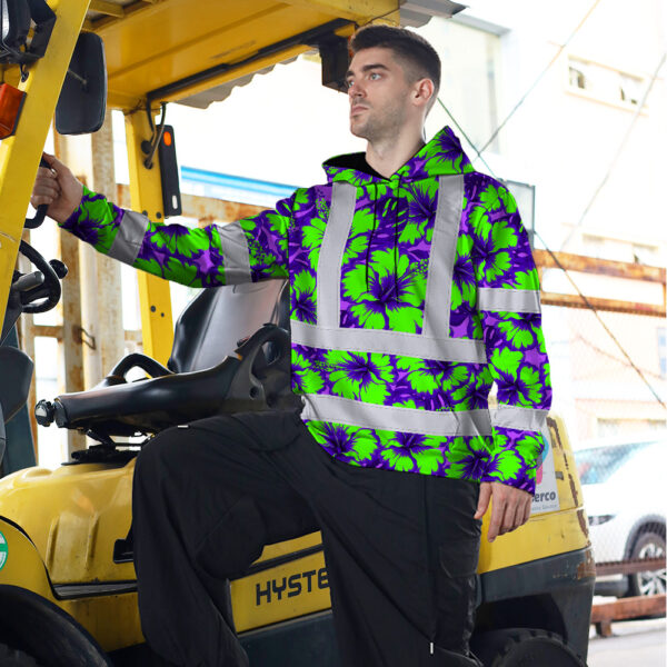 Hi-Vis-Hoodie-Reflective-Tapes-Green-Neon-And-Violet-Flowers-Custom-Name-Safety-Workwear-For-Workers,-Truckers,-Operators-6