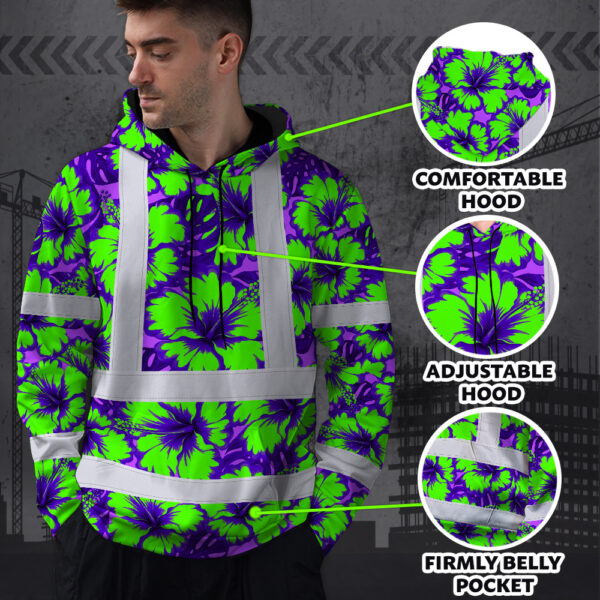 Hi-Vis-Hoodie-Reflective-Tapes-Green-Neon-And-Violet-Flowers-Custom-Name-Safety-Workwear-For-Workers,-Truckers,-Operators-7