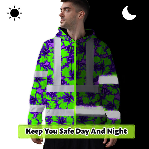 Hi-Vis-Hoodie-Reflective-Tapes-Green-Neon-And-Violet-Flowers-Custom-Name-Safety-Workwear-For-Workers,-Truckers,-Operators-8