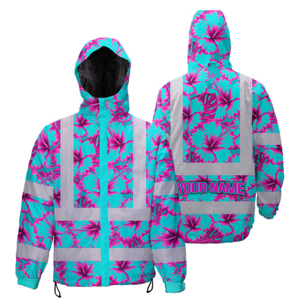Hi-Vis-Jacket-Waterproof-Reflective-Tapes-Blue-Neon-And-Pink-Flowers-Custom-Name-Safety-Workwear-For-Workers,-Truckers,-Operators-1