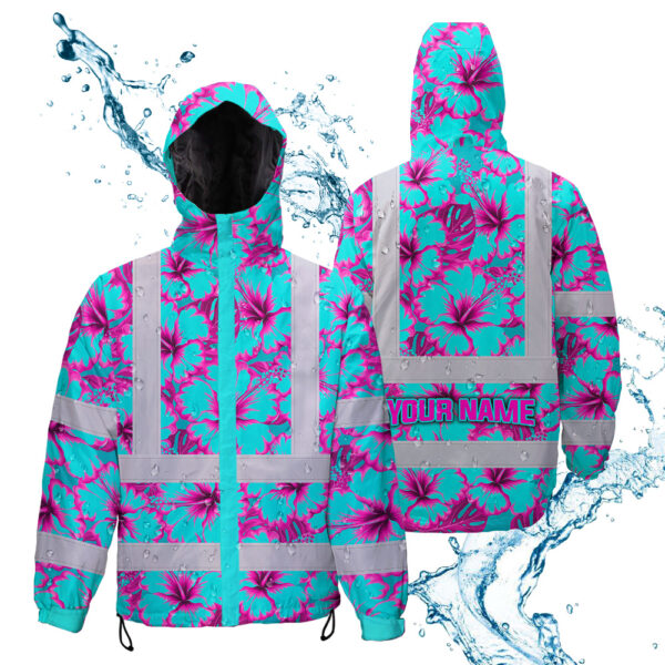 Hi-Vis-Jacket-Waterproof-Reflective-Tapes-Blue-Neon-And-Pink-Flowers-Custom-Name-Safety-Workwear-For-Workers,-Truckers,-Operators-2