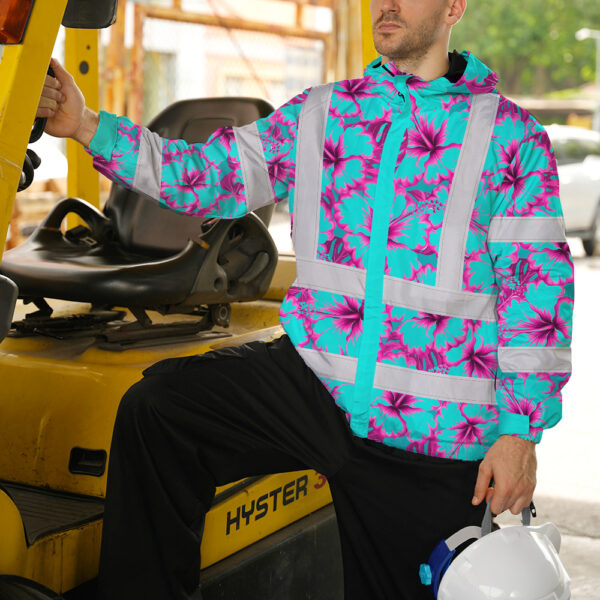 Hi-Vis-Jacket-Waterproof-Reflective-Tapes-Blue-Neon-And-Pink-Flowers-Custom-Name-Safety-Workwear-For-Workers,-Truckers,-Operators-3
