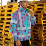 Hi-Vis-Jacket-Waterproof-Reflective-Tapes-Blue-Neon-And-Pink-Flowers-Custom-Name-Safety-Workwear-For-Workers,-Truckers,-Operators-4