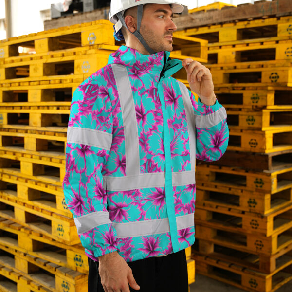 Hi-Vis-Jacket-Waterproof-Reflective-Tapes-Blue-Neon-And-Pink-Flowers-Custom-Name-Safety-Workwear-For-Workers,-Truckers,-Operators-4