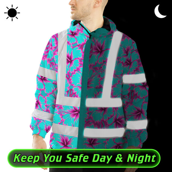 Hi-Vis-Jacket-Waterproof-Reflective-Tapes-Blue-Neon-And-Pink-Flowers-Custom-Name-Safety-Workwear-For-Workers,-Truckers,-Operators-6