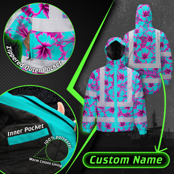 Hi-Vis-Jacket-Waterproof-Reflective-Tapes-Blue-Neon-And-Pink-Flowers-Custom-Name-Safety-Workwear-For-Workers,-Truckers,-Operators-7
