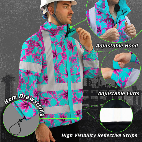 Hi-Vis-Jacket-Waterproof-Reflective-Tapes-Blue-Neon-And-Pink-Flowers-Custom-Name-Safety-Workwear-For-Workers,-Truckers,-Operators-8