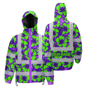 Hi Vis Jacket Waterproof Reflective Tapes Green Neon And Violet Flowers Custom Name Safety Workwear For Workers, Truckers, Operators