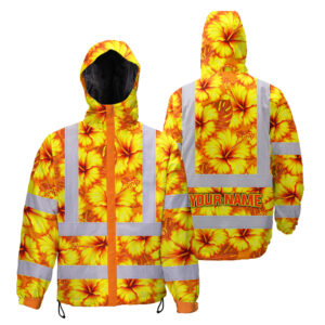 Hi Vis Jacket Waterproof Reflective Tapes Orange Neon And Yellow Flowers Custom Name Safety Workwear For Workers, Truckers, Operators