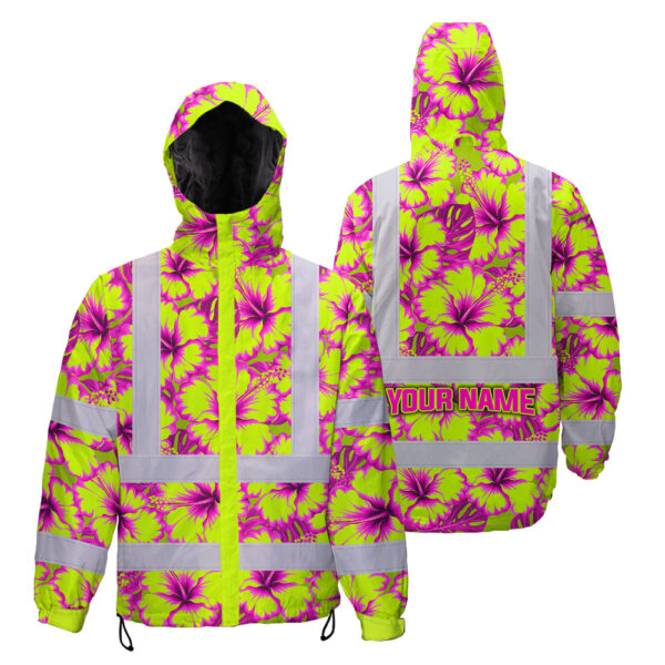 Hi-Vis-Jacket-Waterproof-Reflective-Tapes-Pink-Neon-And-Lime-Flowers-Custom-Name-Safety-Workwear-For-Workers,-Truckers,-Operators-1