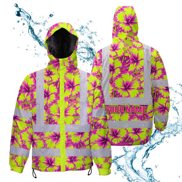 Hi-Vis-Jacket-Waterproof-Reflective-Tapes-Pink-Neon-And-Lime-Flowers-Custom-Name-Safety-Workwear-For-Workers,-Truckers,-Operators-2