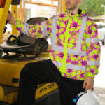 Hi-Vis-Jacket-Waterproof-Reflective-Tapes-Pink-Neon-And-Lime-Flowers-Custom-Name-Safety-Workwear-For-Workers,-Truckers,-Operators-3