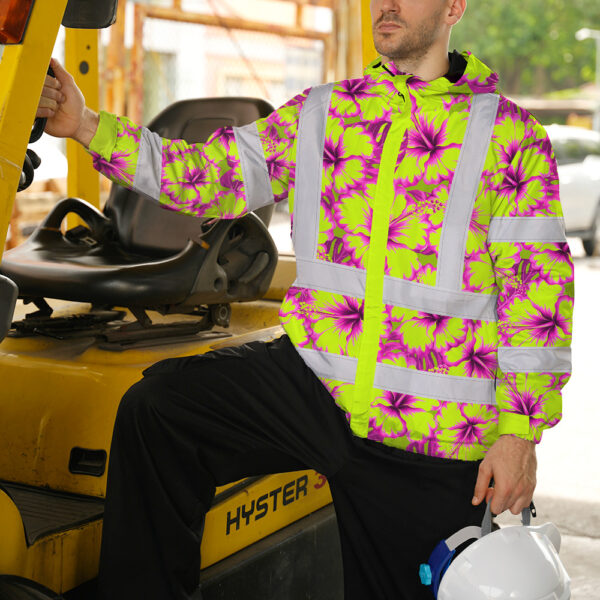 Hi-Vis-Jacket-Waterproof-Reflective-Tapes-Pink-Neon-And-Lime-Flowers-Custom-Name-Safety-Workwear-For-Workers,-Truckers,-Operators-3