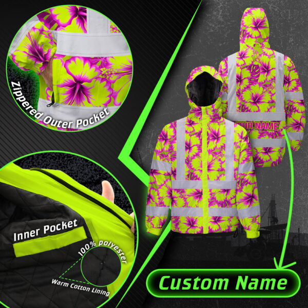 Hi-Vis-Jacket-Waterproof-Reflective-Tapes-Pink-Neon-And-Lime-Flowers-Custom-Name-Safety-Workwear-For-Workers,-Truckers,-Operators-7