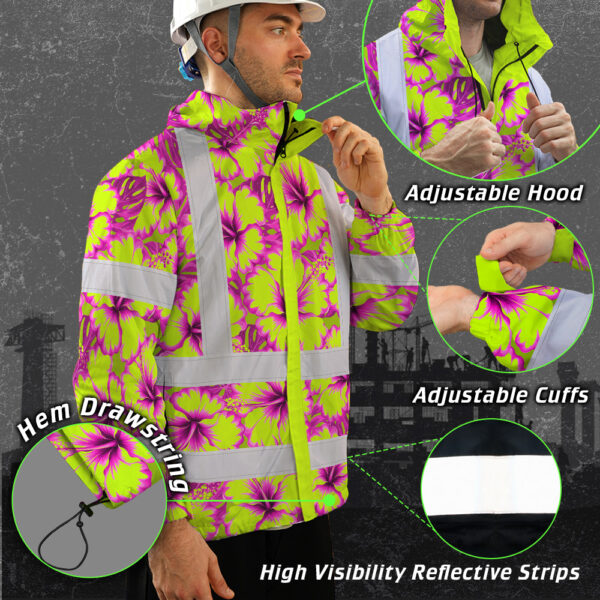 Hi-Vis-Jacket-Waterproof-Reflective-Tapes-Pink-Neon-And-Lime-Flowers-Custom-Name-Safety-Workwear-For-Workers,-Truckers,-Operators-8