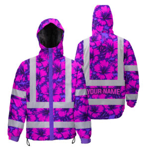 Hi Vis Jacket Waterproof Reflective Tapes Violet Neon And Pink Flowers Custom Name Safety Workwear For Workers, Truckers, Operators