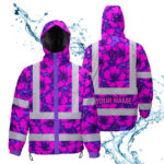 Hi-Vis-Jacket-Waterproof-Reflective-Tapes-Violet-Neon-And-Pink-Flowers-Custom-Name-Safety-Workwear-For-Workers,-Truckers,-Operators-2