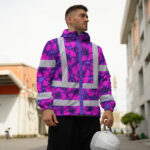 Hi-Vis-Jacket-Waterproof-Reflective-Tapes-Violet-Neon-And-Pink-Flowers-Custom-Name-Safety-Workwear-For-Workers,-Truckers,-Operators-5