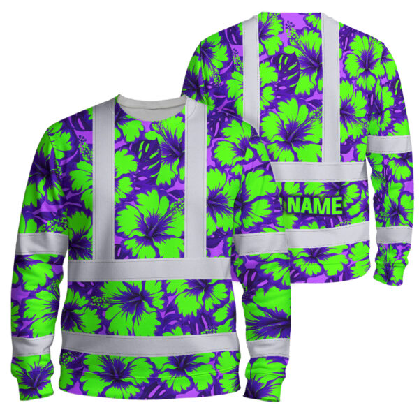 Hi-Vis-Long-Sleeve-Shirt-Reflective-Tapes-Green-Neon-And-Violet-Flowers-Custom-Name-Safety-Workwear-For-Workers,-Truckers,-Operators-1