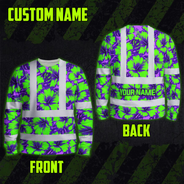Hi-Vis-Long-Sleeve-Shirt-Reflective-Tapes-Green-Neon-And-Violet-Flowers-Custom-Name-Safety-Workwear-For-Workers,-Truckers,-Operators-2