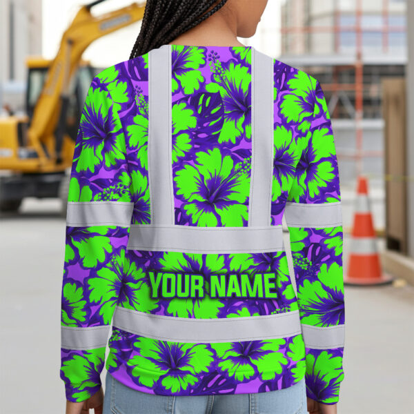 Hi-Vis-Long-Sleeve-Shirt-Reflective-Tapes-Green-Neon-And-Violet-Flowers-Custom-Name-Safety-Workwear-For-Workers,-Truckers,-Operators-4