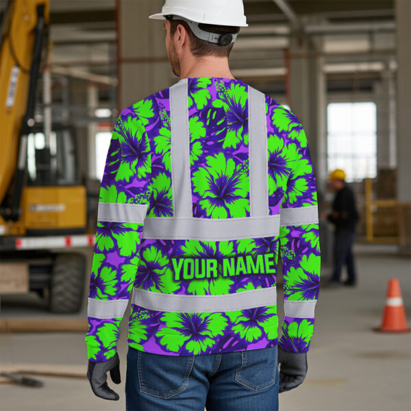 Hi-Vis-Long-Sleeve-Shirt-Reflective-Tapes-Green-Neon-And-Violet-Flowers-Custom-Name-Safety-Workwear-For-Workers,-Truckers,-Operators-5