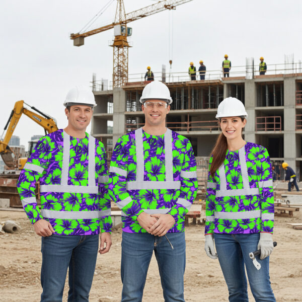 Hi-Vis-Long-Sleeve-Shirt-Reflective-Tapes-Green-Neon-And-Violet-Flowers-Custom-Name-Safety-Workwear-For-Workers,-Truckers,-Operators-6