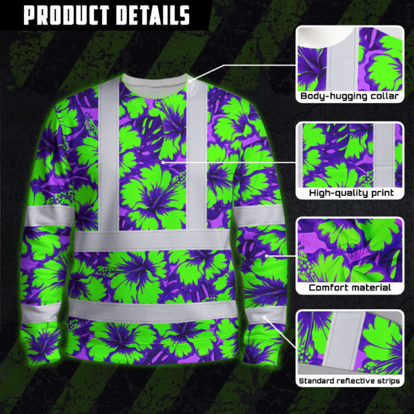 Hi-Vis-Long-Sleeve-Shirt-Reflective-Tapes-Green-Neon-And-Violet-Flowers-Custom-Name-Safety-Workwear-For-Workers,-Truckers,-Operators-7