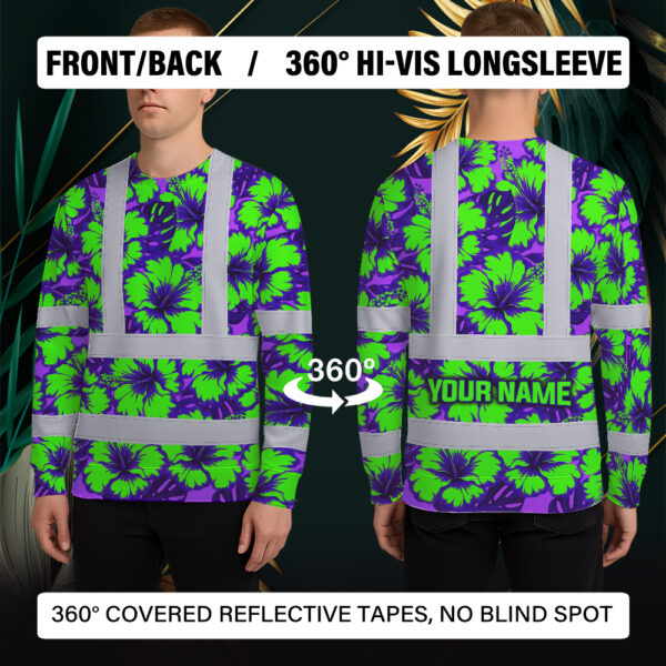 Hi-Vis-Long-Sleeve-Shirt-Reflective-Tapes-Green-Neon-And-Violet-Flowers-Custom-Name-Safety-Workwear-For-Workers,-Truckers,-Operators-8