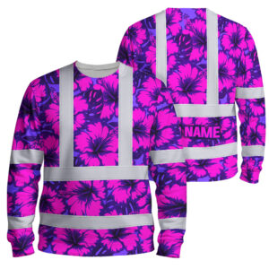 Hi Vis Long Sleeve Shirt Reflective Tapes Violet Neon And Pink Flowers Custom Name Safety Workwear For Workers, Truckers, Operators
