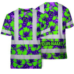 Hi Vis T Shirt Reflective Tapes Green Neon And Violet Flowers Hawaii Custom Name Safety Workwear For Workers, Truckers, Operators