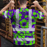 Hi-Vis-T-Shirt-Reflective-Tapes-Green-Neon-And-Violet-Flowers-Hawaii-Custom-Name-Safety-Workwear-For-Workers,-Truckers,-Operators-4