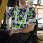 Hi-Vis-T-Shirt-Reflective-Tapes-Green-Neon-And-Violet-Flowers-Hawaii-Custom-Name-Safety-Workwear-For-Workers,-Truckers,-Operators-5